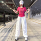 Schwimmender Sommer Jazz Tanzkostüm Frauenanzug Sommer kurzärmelig Casual Sports Group Performance Kostüm Traverse Dance Tanz Tanz Neue Stil Rose Red Top 8829+Weiße Hosen 6627 m