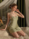 MOKITOUL sexy pajamas for women Spring and Autumn Ice Silk 2025 new style with chest pad set suspender nightgown pure summer mustard green J693# (sling skirt) M size equal size