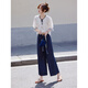 Awakening Paradise French Style Literary Style Round Neck Shirt Lace Tie High Waisted Wide Leg Pants Two-piece Commuting Suit Navy XL
