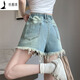 Zhewei [80-200Jin[Jin equals 0.5 kg] Wearable] Dough-edged denim shorts for women A-line wide-leg loose summer thin style student size [6630: Retro Breast-edged pants and legs shorts] 3XL [code Recommended 141Jin[Jin equals 0.5 kg]-160Jin[Jin equals 0.5 kg]]