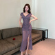 Jinggong Foot Foot Technician Work Clothes Sexy Foot Massage Foot Bath Work Clothes Flexible Massage Spa Long Skirt Mesh Slit Dress 9276# Green L
