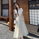 Bangboshi weißes Kleid kurzärmeligte gestickte florale langen Rock 2025 Sommer neuer Kaffee Break Französisch Elegantes Temperament sanftes Stil bestickter Kleid [Aprikosenfarbe] M Größe geeignet [85-100jin [Jin gleich 0,5 kg]]]