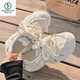 Woodpecker Daddy Shoes for Women in Spring and Summer 2025 New Breathable Mesh with Wide Legs Shoes Thick Sole Small White Shoes Sports Shoes 9905-3 Beige 35