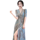 Gulan Dilly tall women's clothing 170-175 set lady temperament skirt goddess style V-neck dress women 2025 3519 black plum blossom S [normal delivery]