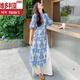 Victoria's style blue new Chinese style printed shirt white thin wide-leg pants layered two-piece set women's summer new suit two-piece set original XS suggests [80Jin[Jin equals 0.5 kg]-95Jin[Jin equals 0.5 kg]]