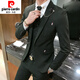 Pierre Cardin groom and groomsmen wedding suit Korean style small suit slim and trendy three-piece men's business casual formal suit New* black suit + double-breasted vest + trousers S