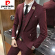 Pierre Cardin groom and groomsmen wedding suit Korean style small suit slim and trendy three-piece men's business casual formal suit New* black suit + double-breasted vest + trousers S