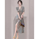Gulan Dilly tall women's clothing 170-175 set lady temperament skirt goddess style V-neck dress women 2025 3519 black plum blossom S [normal delivery]