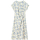 Vestido de cuello redondo de altura corta estampada de estilo azul y blanco de estilo azul y blanco impreso para mujeres en la cintura de verano y falda de falda de línea A-line-longitud