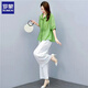 ROMON Cotton Line Suit Women's 2025 Summer New Loose Casual Fashion Large-Size Wide Leg Pants Line Dropping Two-Piece Set Light Bean Green Top + Rice Apricot Pants L (110-125)