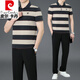 皮尔卡丹（pierre cardin）爸爸夏装男士运动服套装中老年休闲条纹纯棉短袖t恤Polo衫 雾蓝（短 袖+长裤）KDK9763 M (建议100-120斤)