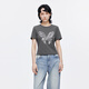 Mousssy 2025 Sommer Neues Produkt Casual Style Butterfly bedrucktes Baumwollkurzärmel-T-Shirt für Frauen 028isa90-3891 160 graue Single-Größe