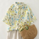 TUM! Hong Kong style retro printed cotton and linen short-sleeved shirt for women's summer large size loose and slim and breathable linen temperament elegant top yellow 1278 M recommended 115 Jin [Jin equals 0.5 kg] or less