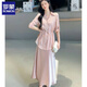 罗蒙绸缎连衣裙两件套女欧洲站2025春夏新款遮肚显瘦天丝收腰衬衫吊带 冰川蓝 套装 L 建议110-140斤
