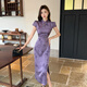 Yiou New Chinese Satin Butterfly Robe for Women, Summer Small Butterfly Modified Cheongsam Long jupe 9922 Purple S