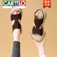CARTELO fish mouth sandals for women 2025 new summer mid-heel thick-soled leopard print non-slip soft-soled genuine leather Roman shoes with skirt Khaki 34