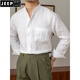 JEEP SPIRIT Commuting Light Mature Casual Breathable Pure Linen Long Sleeve Shirt Versatile Vacation Stand Collar Shirt Men's Henley Collar Top White L