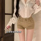 Zhenxiqi's new high-waist elastic tight-fitting butt-hugging shorts for women in summer, slim and versatile, micro-flared casual hot pants, trendy, light khaki, XL, one size too small