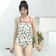2025年新款连体三角可爱草莓印花露背竞速女泳装游泳温泉度假必备 米色印花【泳衣+泳镜】 XL 【建议100-120斤】