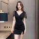 为知树夜总会KTV性感连衣裙女深V礼服SPA足浴按摩技师工作服包臀裙夜场 增3882黑色+ M 建议95-105斤