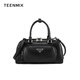 Tianmeiyi women's bag cowhide bowling bag hand grip pleated bag commuter crossbody hand-held shoulder bag birthday gift for girlfriend black
