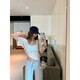 Running sisters RUNAWAY SISTERS Korean version U-neck short-sleeved T-shirt halter neck strapless knitted trousers Coffee vest 9898 S