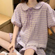 山头林村睡衣女夏季棉麻韩版小清新碎花格子娃娃领短袖家居服套装夏天学生 12346 口袋小猫 M