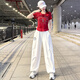 Schwimmender Sommer Jazz Tanzkostüm Frauenanzug Sommer kurzärmelig Casual Sports Group Performance Kostüm Traverse Dance Tanz Tanz Neue Stil Rose Red Top 8829+Weiße Hosen 6627 m