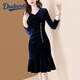 Dudant Luxury High-End Brand Gold Velvet Dress для женщин весна и осень 2025 г. Новый темперамент V-образный выстрел Slim Slim Fishtail юбка 16783 Blue S