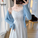Holzspecker sanfter Stil weißer Hosenträger Kleid V-Ausschnitt kleine frische Urlaubstemperament Temperament Temperament und schlankes Kleid zweiteilige blaue Strickjacke + Hosenträger Rock Zwei-teilige Set M Empfohlenes Gewicht 95-105 Jin [Jin gleich 0,5 kg]