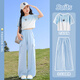 Yoyo One (yoyo One) Girls Summer Suit 2025 Новый ледяной шелк широко ног брюки детские модные уличные жарки летние костюмы девочки дофаминовые короткие рукава 15265 зеленые + 9937 метров белый [Set] 170 170 см.
