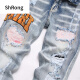 Shurong Hong Kong Trendy Marke European und American High Streetstyle Amiri Mode, schlankes elastisches, geradliniges gestickeltes Riss -Jeans S3892# 30
