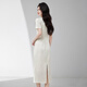 Shangdubila elegant commuting national style stand collar hollow slit pleated slim puff sleeve jacquard dress 152LI2110