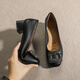 Huilijun Rock einzelne Schuhe für Frauen 2025 echtes Lederquadrat Zehen flacher Mund dicker Fersen Strass Square Schnalle Weiche Sohle nicht müde Füße Arbeit Schuhe Schwarze Y683-1 Schafmuster Strassschnalle 3.5 34