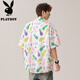 Playboy (PLAYBOY) summer new shirt men's painted dopamine beach loose short sleeve fashion trend couple T-shirt 7027 Lebanese purple M