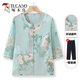 Woodpecker Grand-mère Summer chinois Suit âgé de vieille femme Mère Mère à la mode neuf, Top vieille vieille dame grande taille 9221 Blue [Top + BEIGE NINE POINT PAPTS] XL [Recommandé 80-100jin [Jin est égal à 0,5 kg]]]
