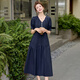 AEMAPE时尚纯棉短袖连衣裙女2025夏季新款半拉链V领气质收腰抽褶大摆裙 藏青色  3XL 建议135-150斤