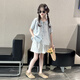 MOKITOUL女童夏季套装2025新款儿童洋气娃娃衫夏装女大童短裤衬衫两件套潮 蓝色套装（高端礼盒包装） 120 cm