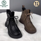 Woodpecker leather Martin boots for women 2024 new autumn and winter British style plus velvet thick sole short boots versatile single boots black (single) 38