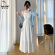 Holzspecker sanfter Stil weißer Hosenträger Kleid V-Ausschnitt kleine frische Urlaubstemperament Temperament Temperament und schlankes Kleid zweiteilige blaue Strickjacke + Hosenträger Rock Zwei-teilige Set M Empfohlenes Gewicht 95-105 Jin [Jin gleich 0,5 kg]