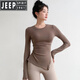 JEEP SPIRIT yoga wear women's long-sleeved tight-fitting slim sports top T-shirt running quick-drying Pilates training fitness wear set black top + light gray pants L