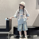 MOKITOUL girls summer short-sleeved suit for girls, young children, summer casual T-shirt, shorts, children's summer denim mid-trousers two-piece set Pink T-(high-end gift box packaging) 120 cm