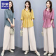 ROMON Cotton Line Suit Women's 2025 Summer New Loose Casual Fashion Large-Size Wide Leg Pants Line Dropping Two-Piece Set Light Bean Green Top + Rice Apricot Pants L (110-125)