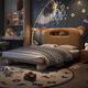 New children's bed creative leather bed boy bear bedside storage modern solid wood soft package cartoon style round foot bed bed + 20cm Simmons 808 latex pad - free installation 1500mm*2000mm frame structure