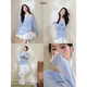 Breite Farbe (Kuose) weiße Off-Shoulder-Top-Langarmbluse gedrucktes T-Shirt 2025 Sommer Beach Outfit Neue Frauenkleidung Blau Weiß SM Gepostet am 23. Juli m