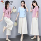 Woodpecker Fashion Cotton and Lines Set Women's Short Sleeve Fashion Spring Clothing New Temperament Slimming Loose Line Wide Legs Two-piece Set Trendy Light Pink Clothes + Apricot Pants Thin M [Suggest weight 95-105 Jin [Jin equals 0.5 kg]]