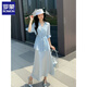 罗蒙绸缎连衣裙两件套女欧洲站2025春夏新款遮肚显瘦天丝收腰衬衫吊带 冰川蓝 套装 L 建议110-140斤