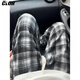 CLOR autumn and winter plaid casual pants men's American fashion brand loose retro contrast color versatile straight pants CL87 black plaid 2XL