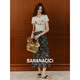 banana cici 2025 summer new American retro old casual versatile printed round neck short-sleeved T-shirt C252TX684 gray L