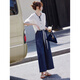 Awakening Paradise French Style Literary Style Round Neck Shirt Lace Tie High Waisted Wide Leg Pants Two-piece Commuting Suit Navy XL